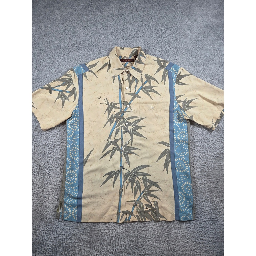 Tori Richard Silk Button Down M Tan Blue Mens Bamboo Batik Short Sleeve Shirt